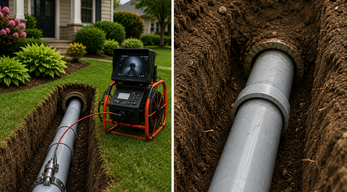 Residential sewer line repair technician working at a Portland home