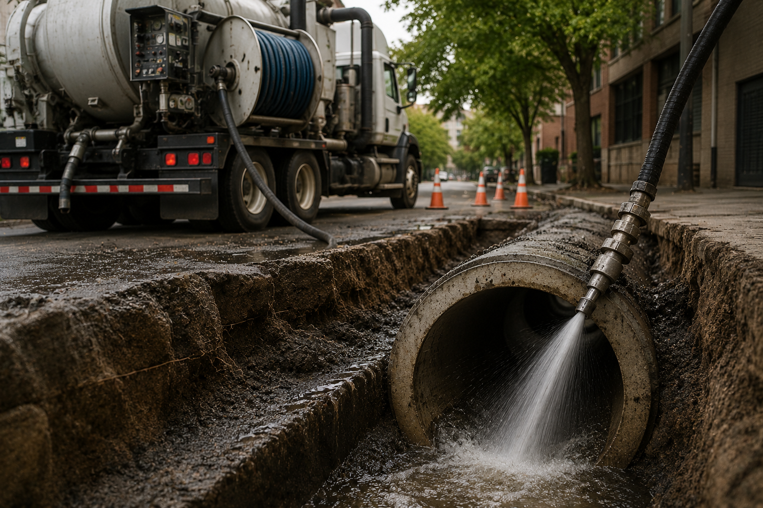 Residential sewer line replacement in progress at a Portland OR home