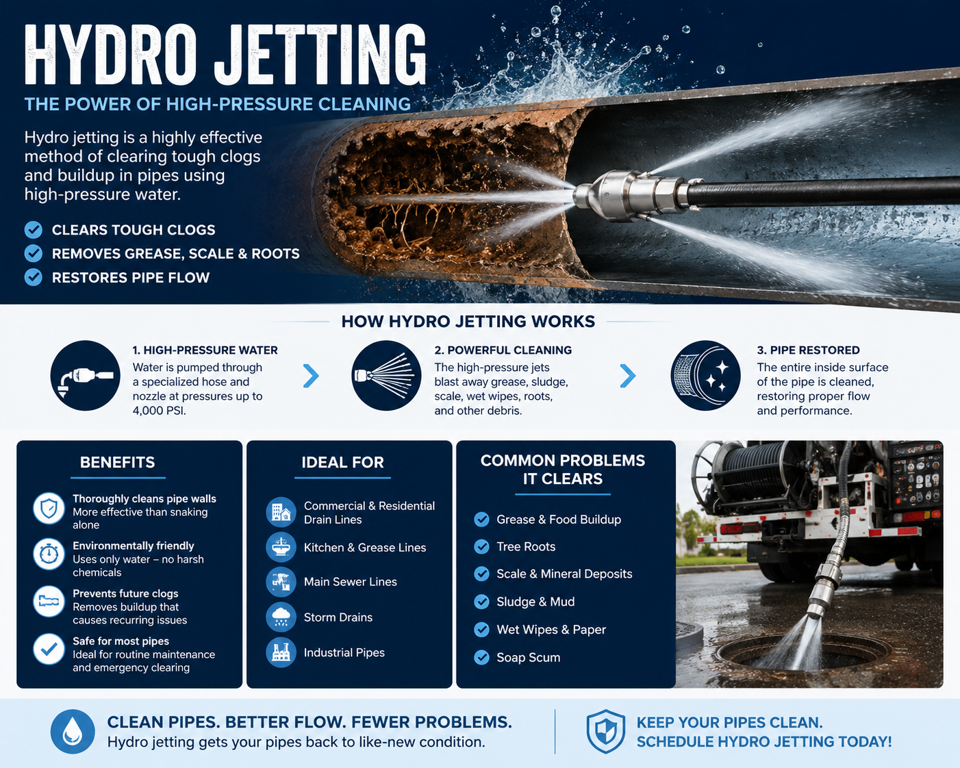High-pressure water jetting hose used for drain cleaning in Portland