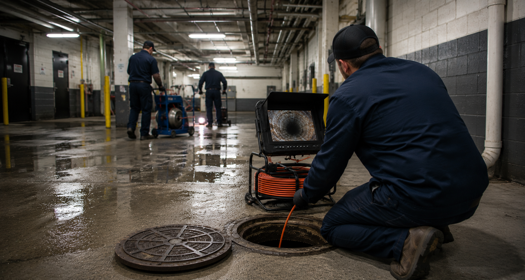 Technician viewing a live sewer scope inspection feed