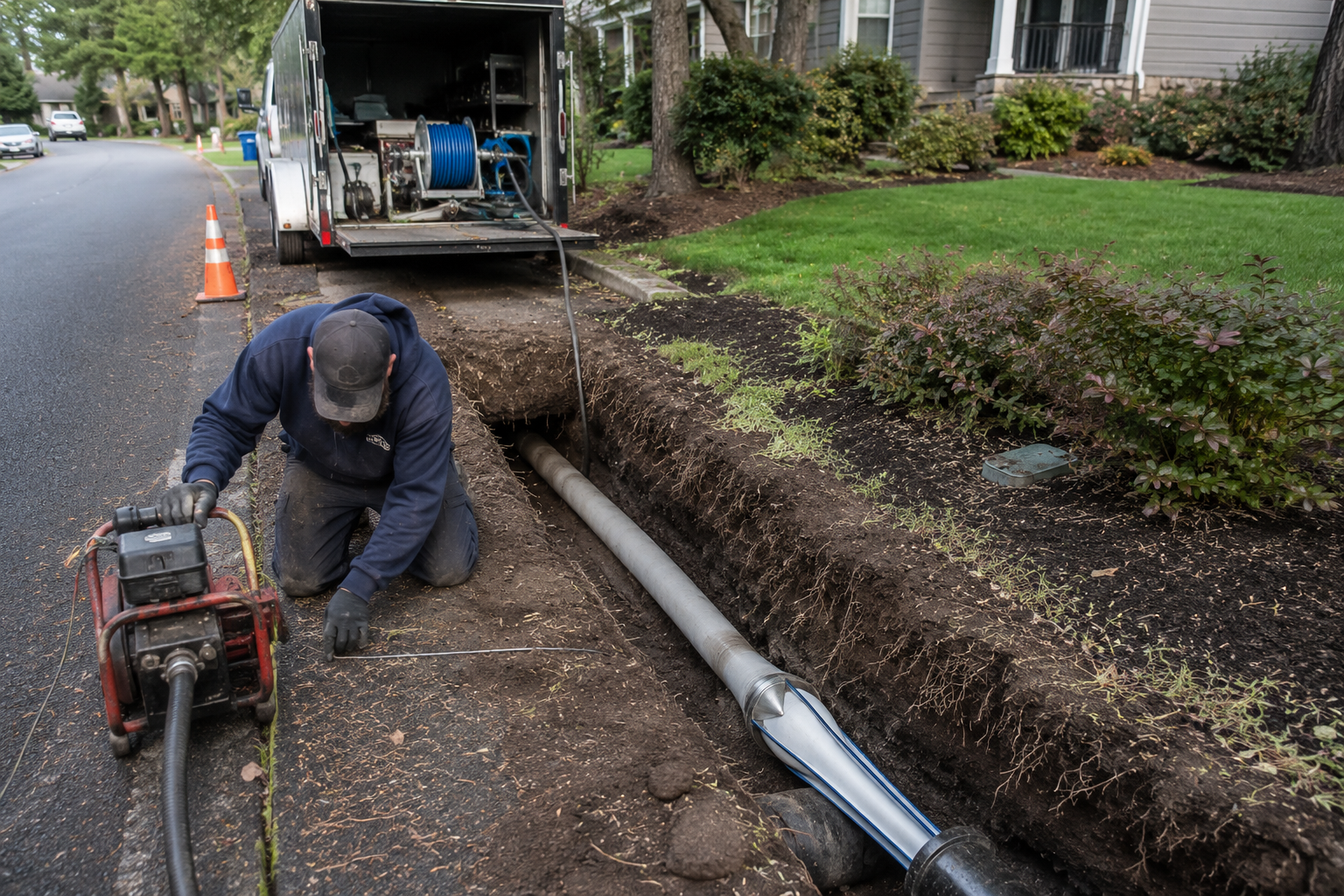 Trenchless sewer line repair crew working without digging in Portland Oregon